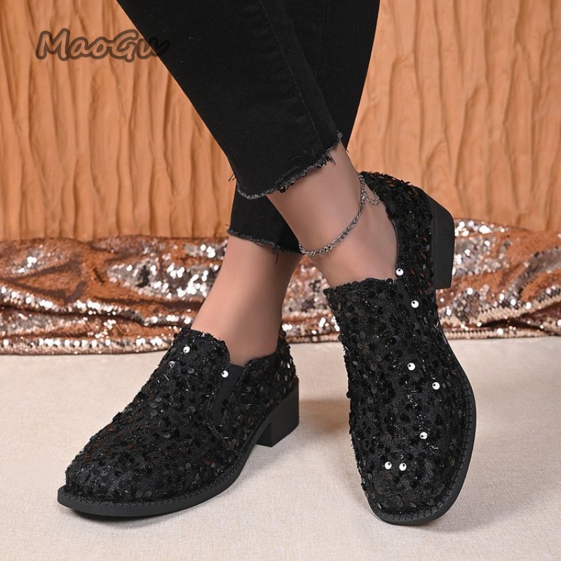 Women'S Shoes Loafers Black - Czarne cekinowe damskie mokasyny wsuwane na