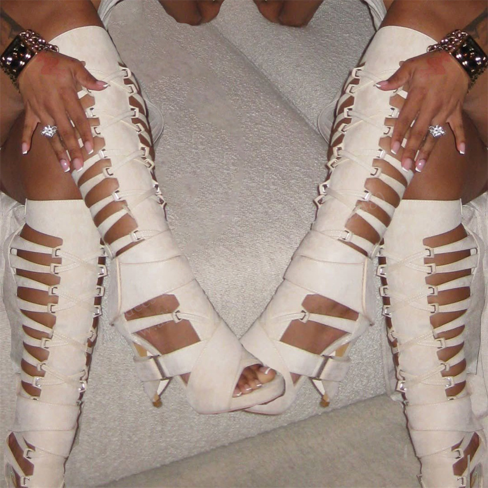 Platform Mule Heel - Gladiatorowe kozaki za kolano z paskami