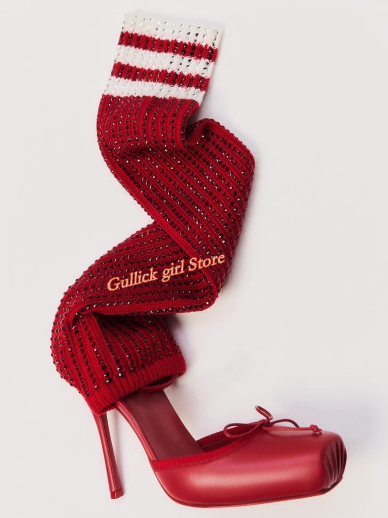 Women Shoes Sale - Czerwone dzianinowe botki z kwadratowym noskiem,