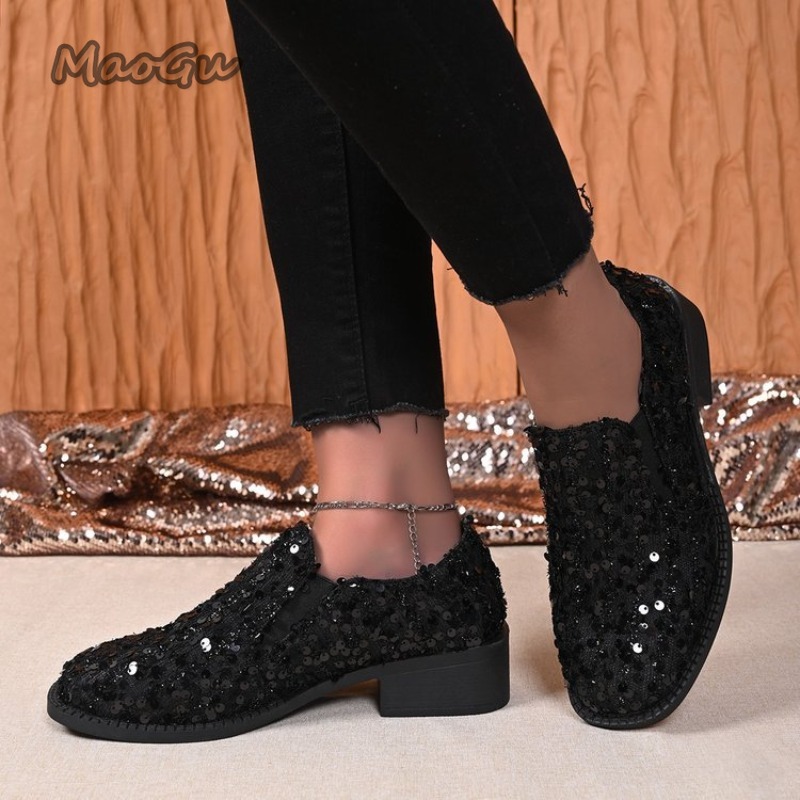 Czarne cekinowe damskie mokasy – Women'S Shoes Loafers Black recenzja i cena